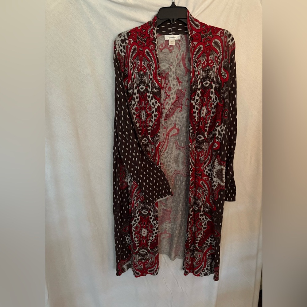 CJ Banks Red and Gray Paisley Long Cardigan